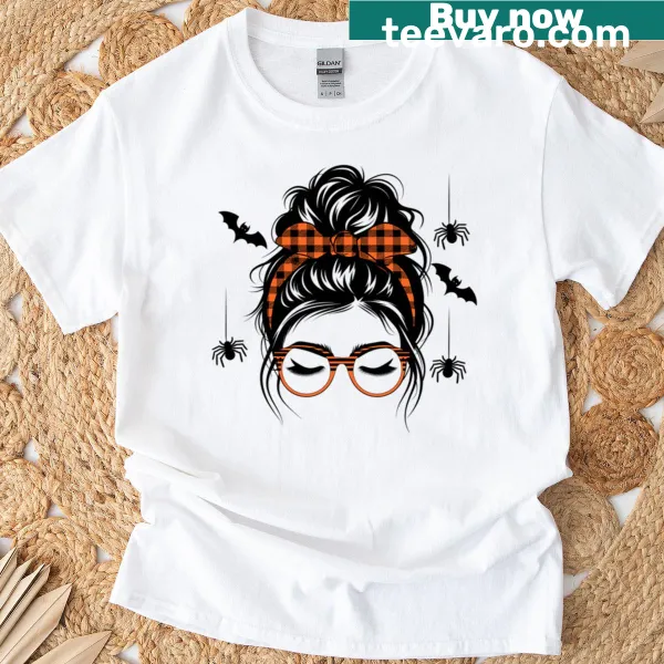 Cute Halloween girl t-shirt with orange plaid bow and spooky style