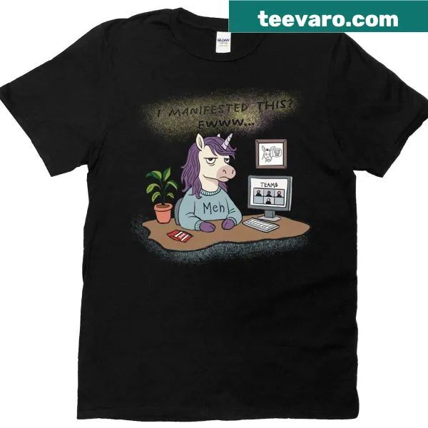 T-shirt featuring a playful unicorn on a video call