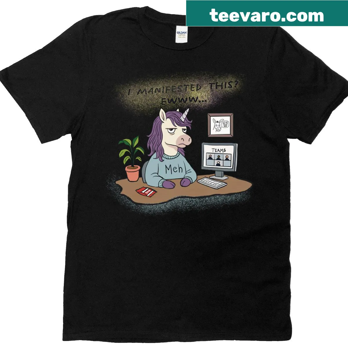 T-shirt featuring a playful unicorn on a video call — on a men's t-shirt
