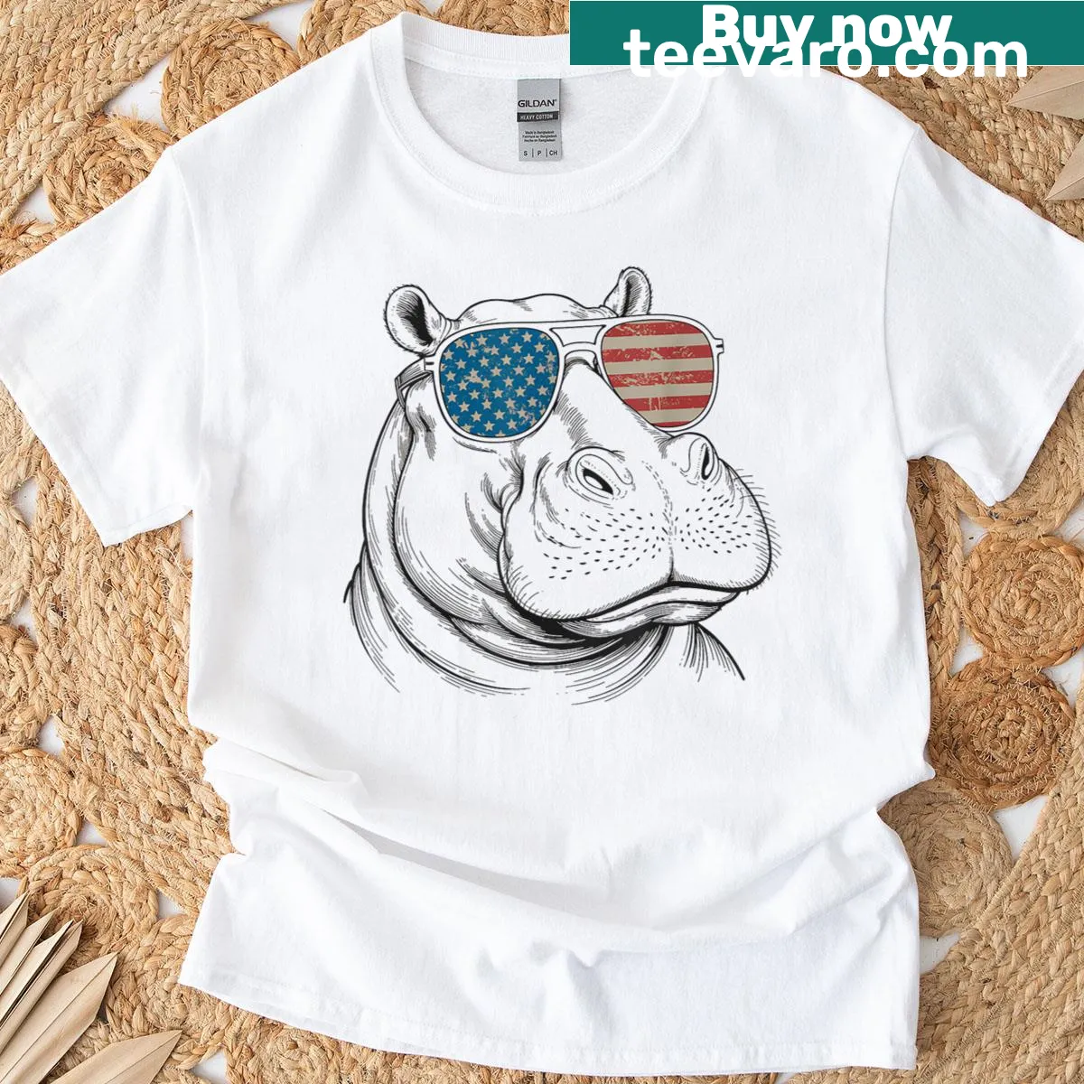 Vintage t-shirt featuring a hippo with the USA flag — on a men's t-shirt