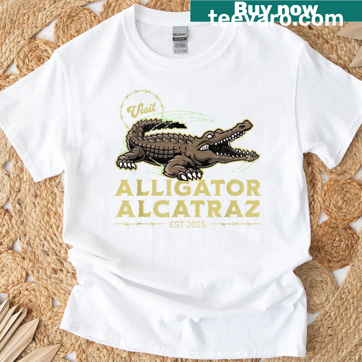 Funny Everglades T-shirt featuring Alligator Alcatraz illustration — on a men's t-shirt