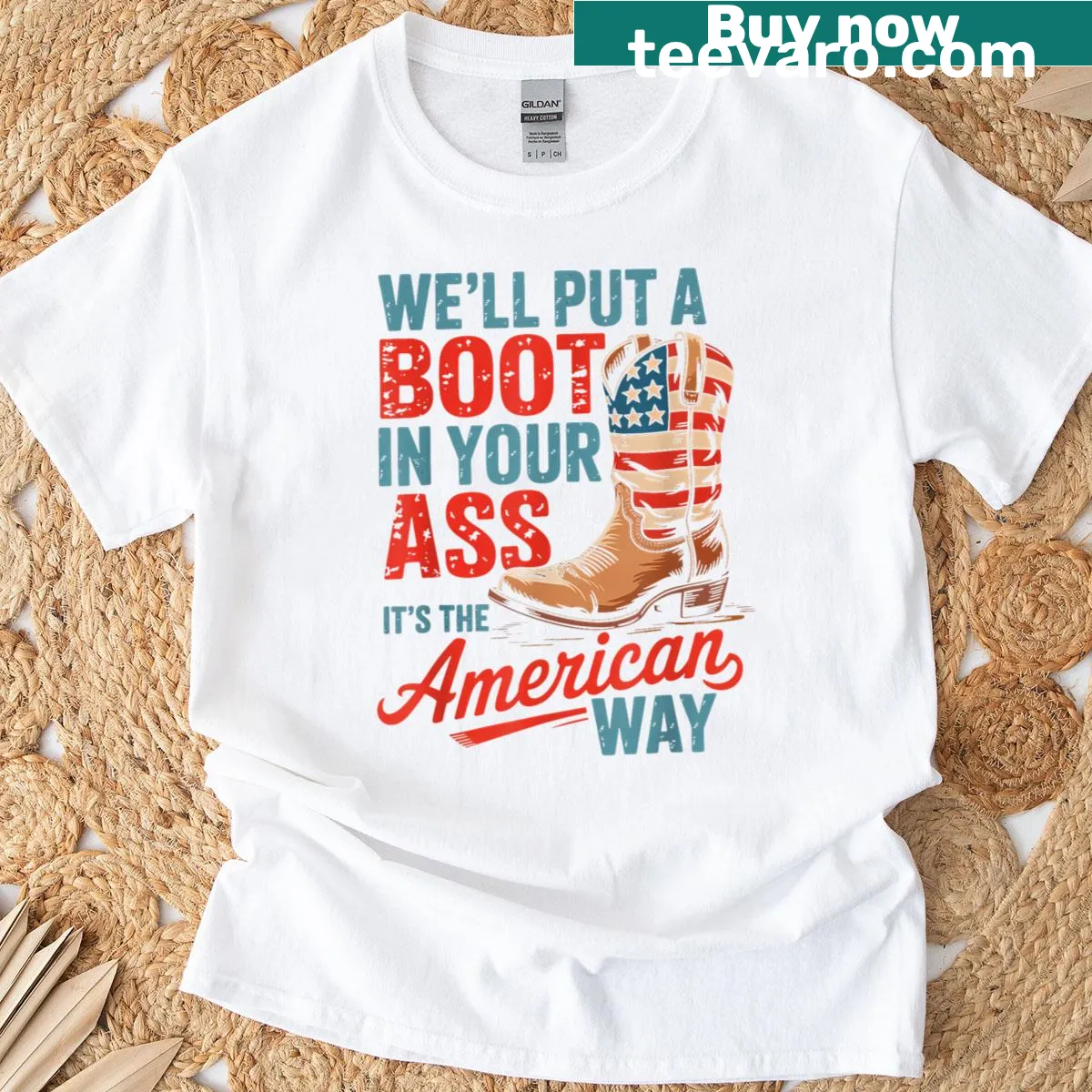 Western cowgirl 4th of July T-shirt with playful text — on a men's t-shirt