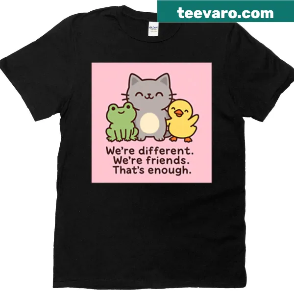 Oversized T-shirt with cute illustration of a cat, frog, and duck