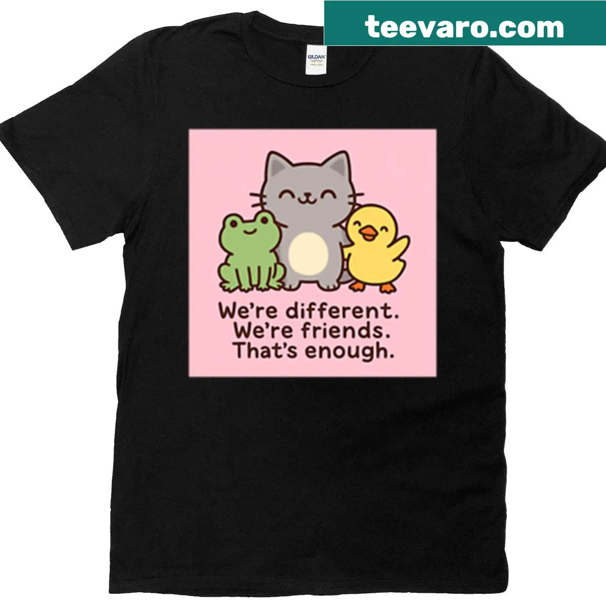 Oversized T-shirt with cute illustration of a cat, frog, and duck — on a men's t-shirt