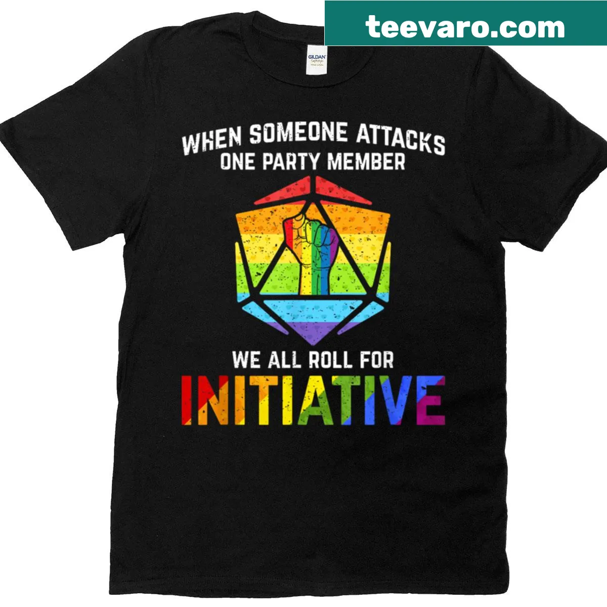 Playful LGBT pride gaming t-shirt with party member phrase — on a men's t-shirt