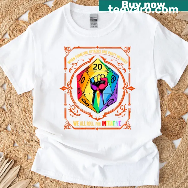 RPG-themed t-shirt with 'We All Roll For Initiative' text