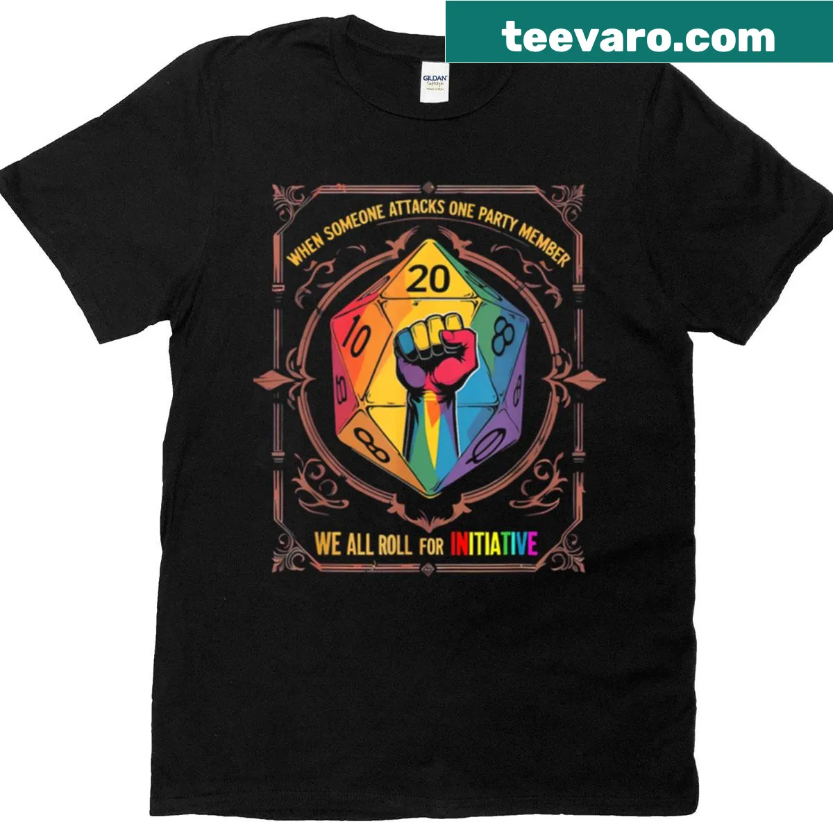 T-shirt with the phrase 'When Someone Attacks One Party Member, We All Roll' for gamers. — on a men's t-shirt