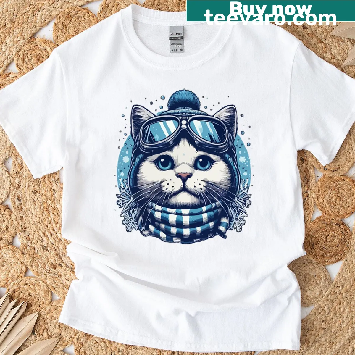 Oversized t-shirt featuring a skiing cat graphic — on a men's t-shirt