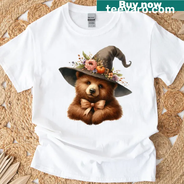 Cute t-shirt featuring a whimsical witch bear illustration
