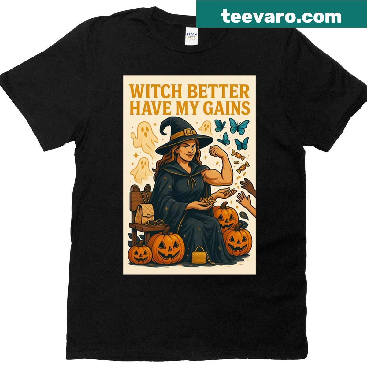 Funny fitness t-shirt with the phrase 'Witch Better Have My Gains' — on a men's t-shirt