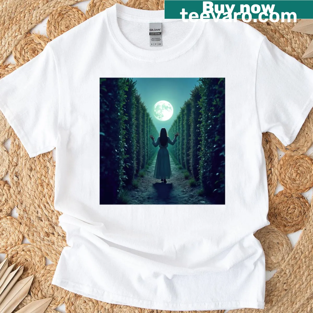 Illustrated T-shirt depicting a woman in moonlit hedges — on a men's t-shirt