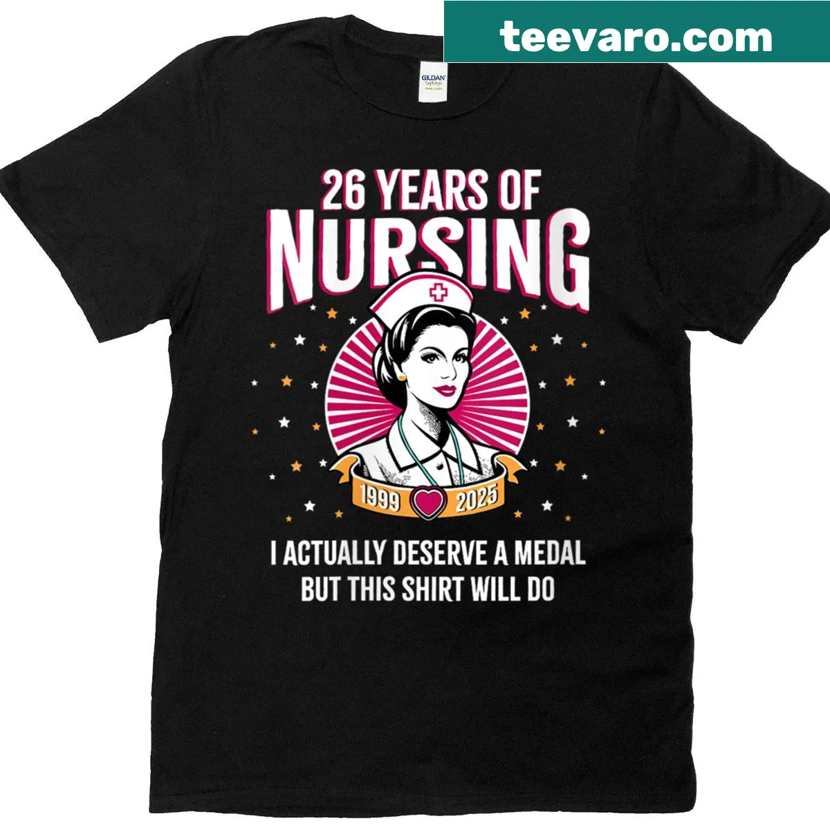 Celebratory t-shirt for nurses with the phrase '26 Years of Nursing Deserving a Medal' — on a men's t-shirt