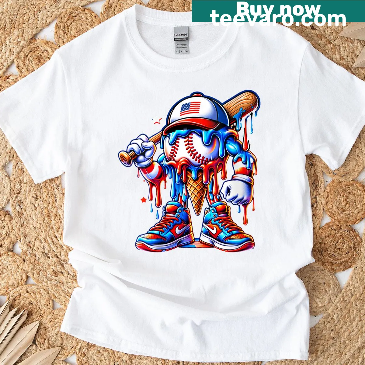 Red White And Blue Fourth of July themed T-shirt with baseball and ice cream — on a men's t-shirt