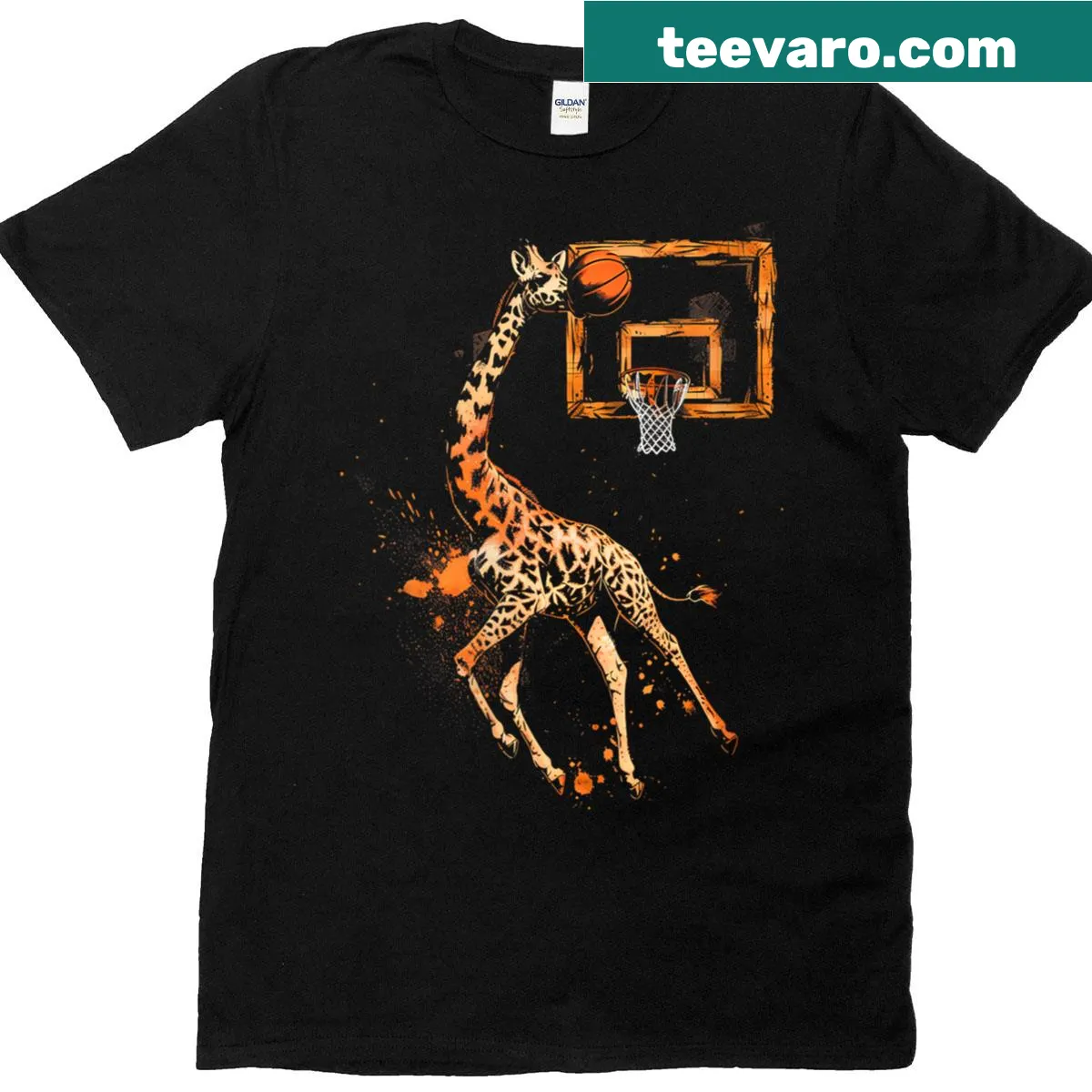Illustrated giraffe dunking a basketball on a playful women's T-shirt — on a men's t-shirt