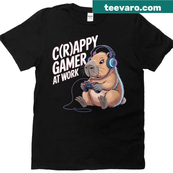 Humorous T-shirt featuring a capybara with gaming gear