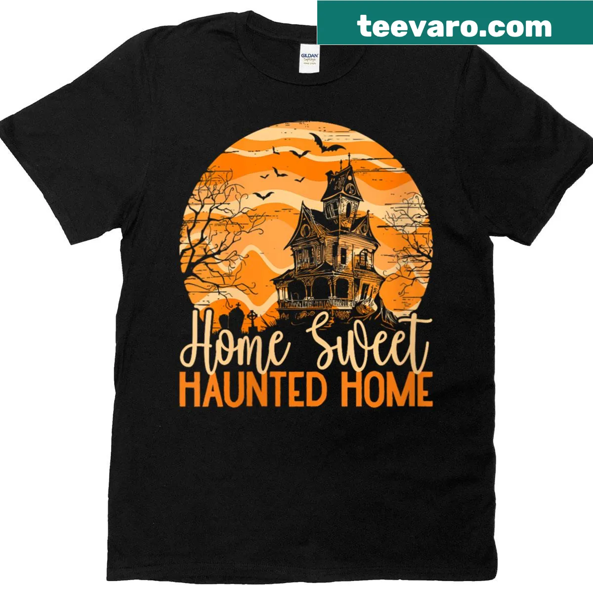 Vintage-style Halloween T-shirt with 'Home Sweet Haunted Home' and a full moon — on a men's t-shirt