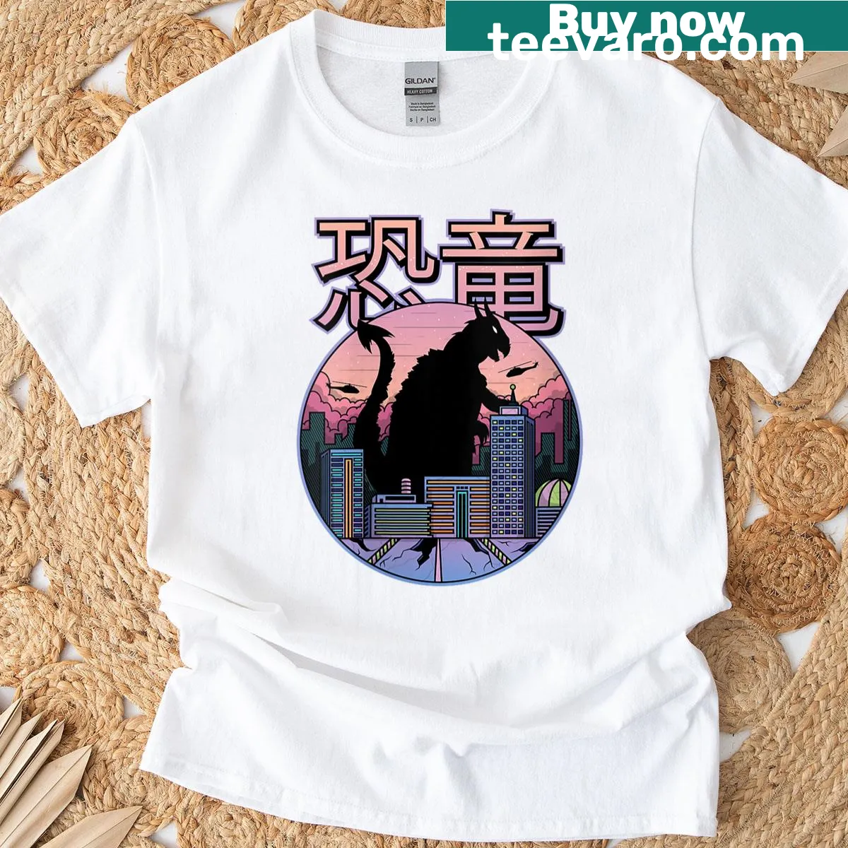 Retro-style T-shirt featuring iconic kaiju city attack design — on a men's t-shirt