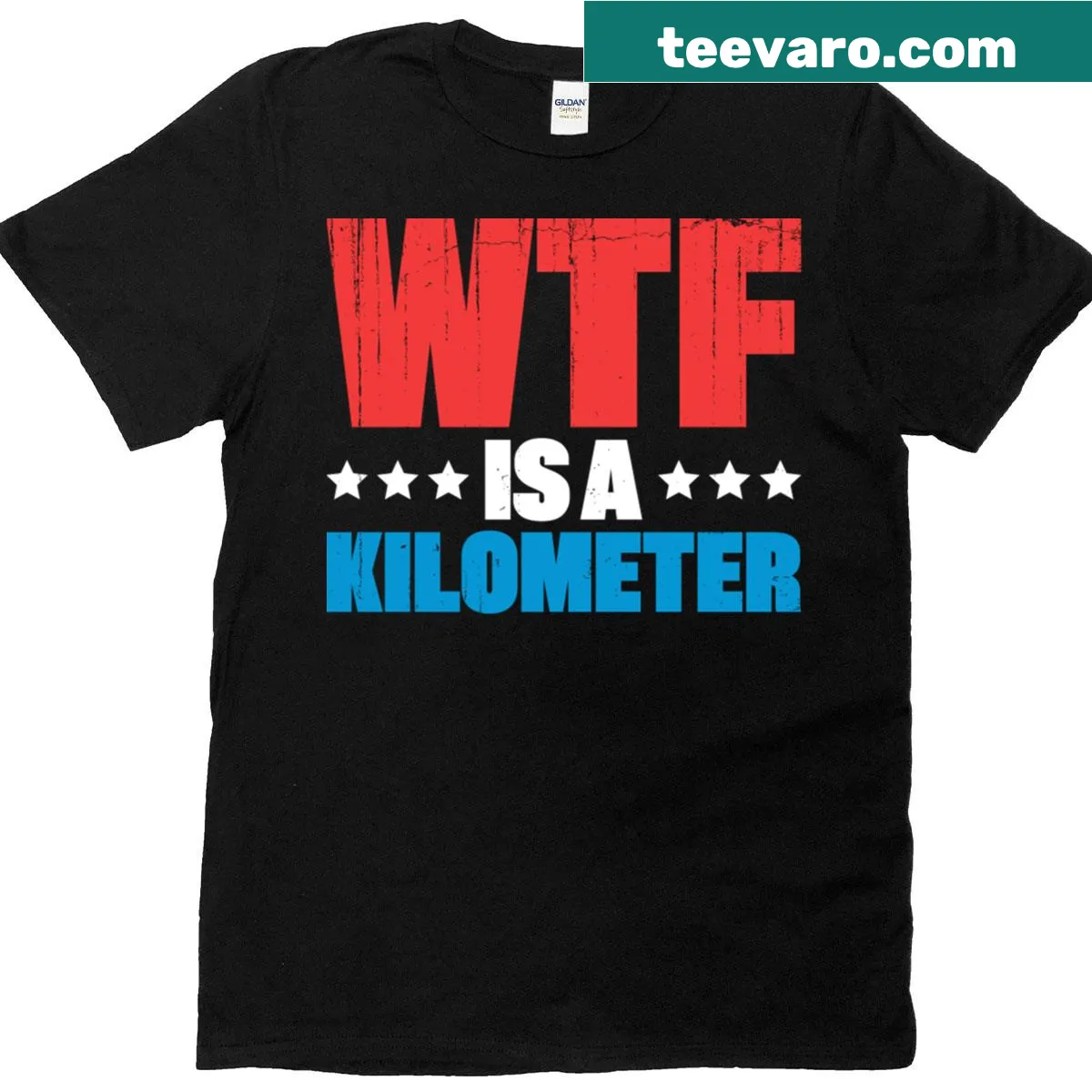 Funny Fourth of July shirt with patriotic text about kilometers. — on a men's t-shirt