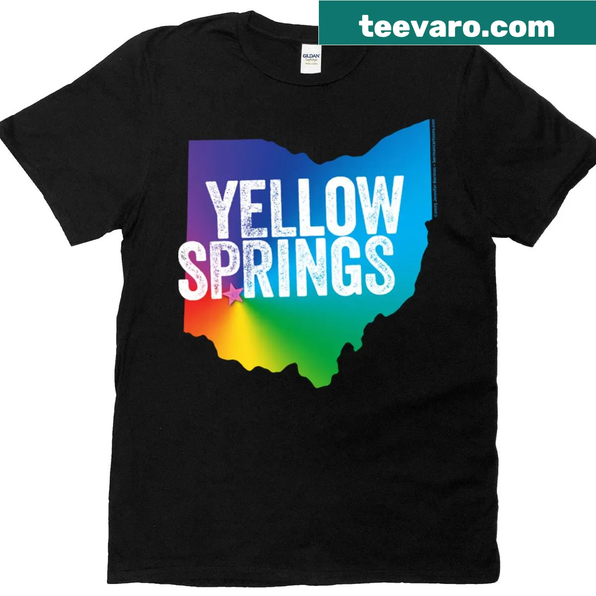 Yellow Springs Pride T-shirt with bold supportive text. — on a men's t-shirt