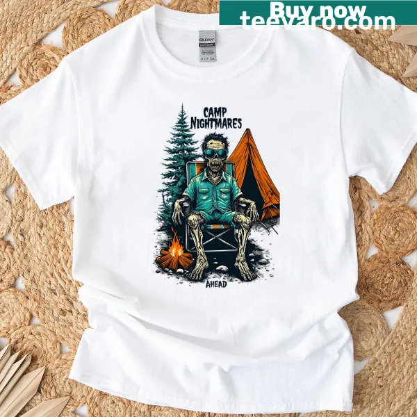 Zombie camp-themed T-shirt with a menacing graphic for horror fans