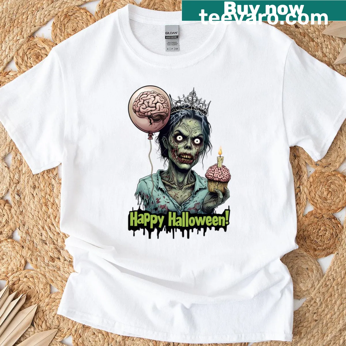 Whimsical zombie queen T-shirt with a crown for Halloween enthusiasts — on a men's t-shirt