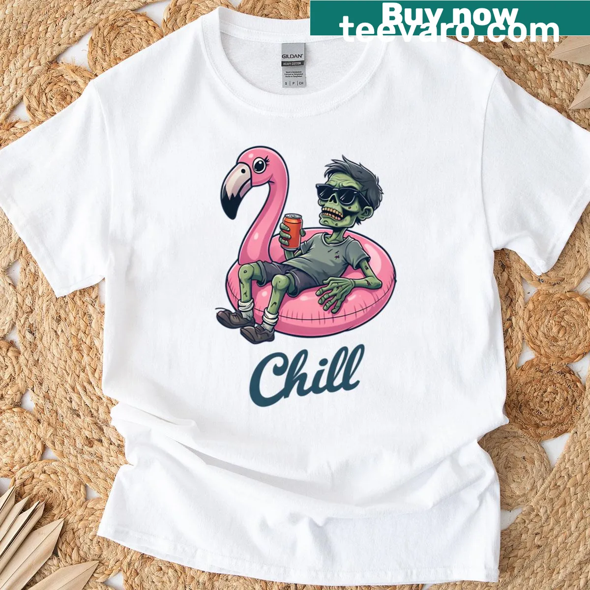 Whimsical zombie on flamingo float graphic on oversized T-shirt — on a men's t-shirt