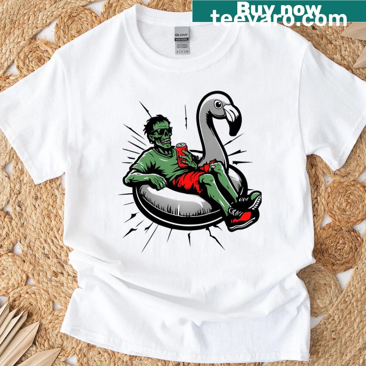 Zombie floating on a flamingo float graphic T-shirt — on a men's t-shirt