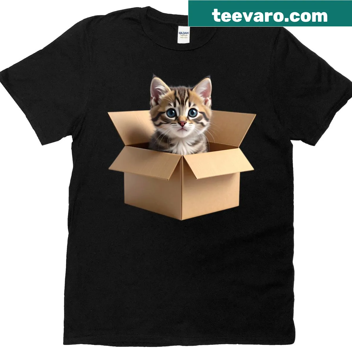 Cute oversized T-shirt with a kitten in a cardboard box illustration — on a men's t-shirt