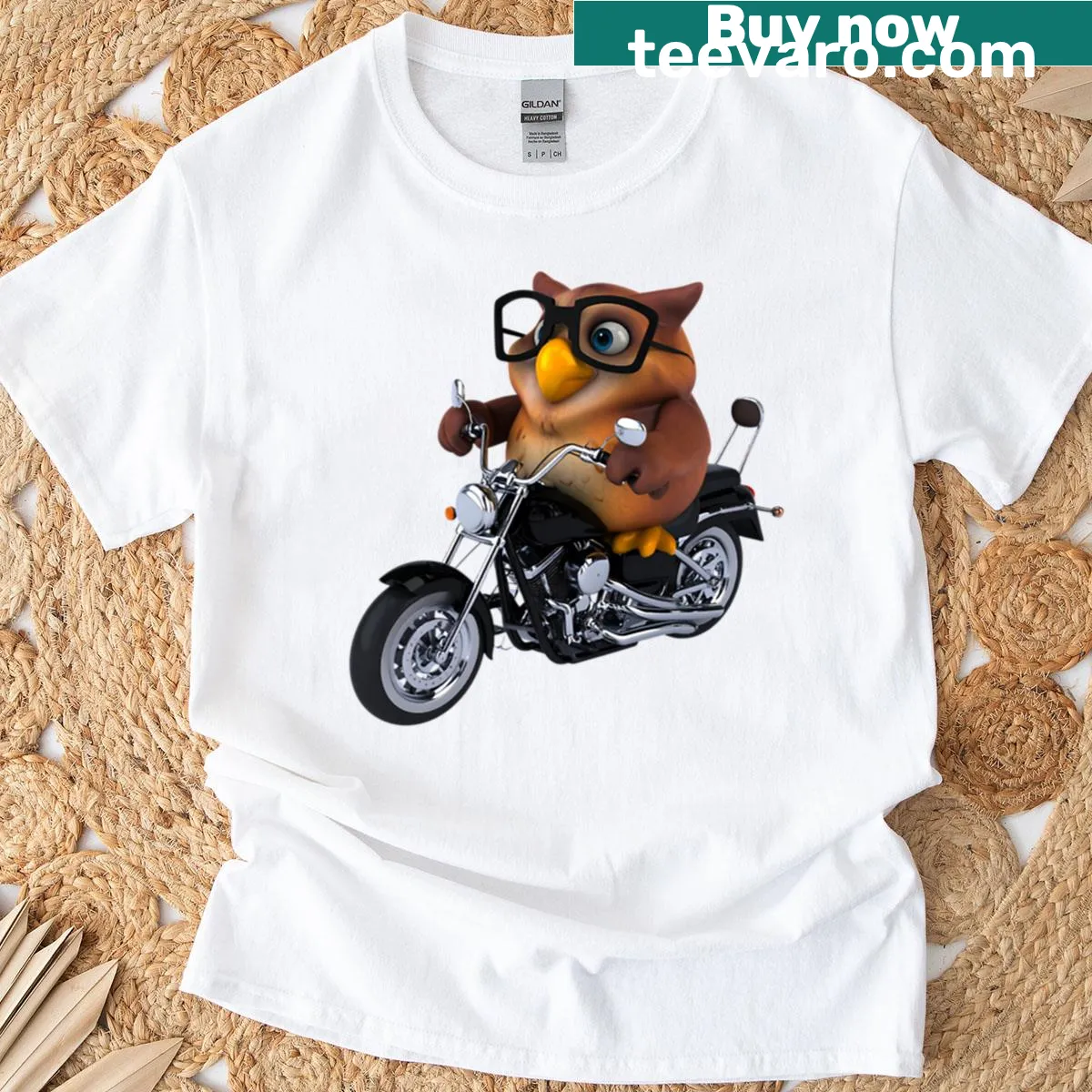 Cool owl in glasses on a motorcycle illustration T-shirt — on a men's t-shirt