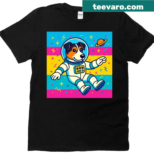 Cartoon Jack Russell dog in space, oversized retro t-shirt design.