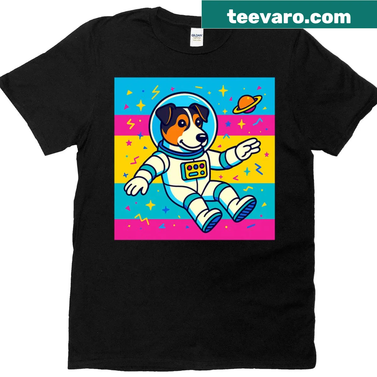 Cartoon Jack Russell dog in space, oversized retro t-shirt design. — on a men's t-shirt