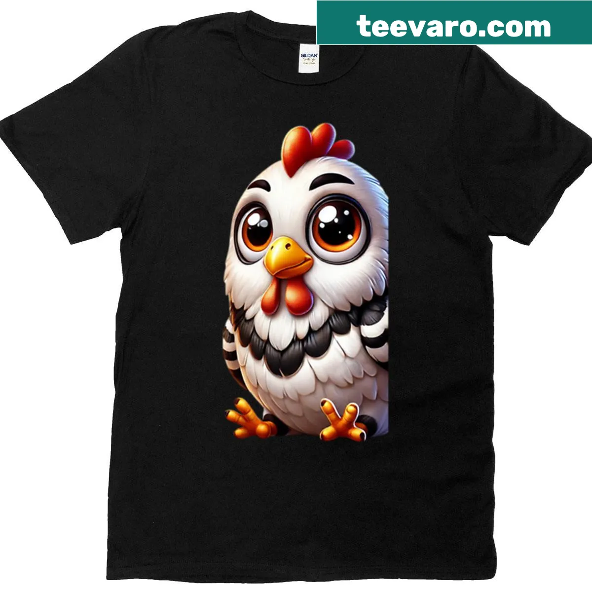 Cute illustration of a Plymouth Rock chicken on an oversized t-shirt. — on a men's t-shirt