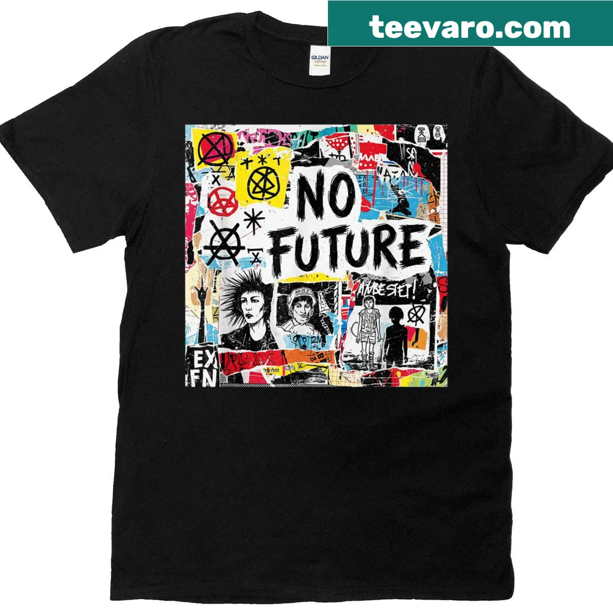 Collage graphic of anarchy theme on a vintage-style t-shirt — on a men's t-shirt