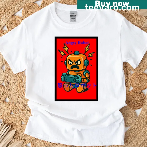 Illustration of an angry robot graphic on a red shirt
