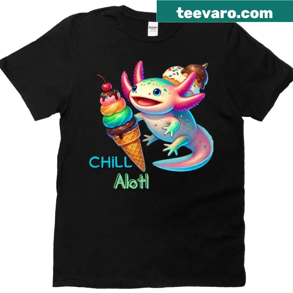 Kawaii axolotl enjoying ice cream with 'Chill Alotl' text