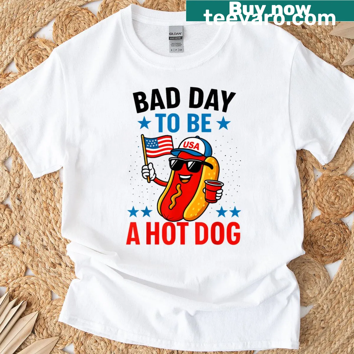 Funny BBQ grilling hot dog t-shirt for 4th of July — on a men's t-shirt