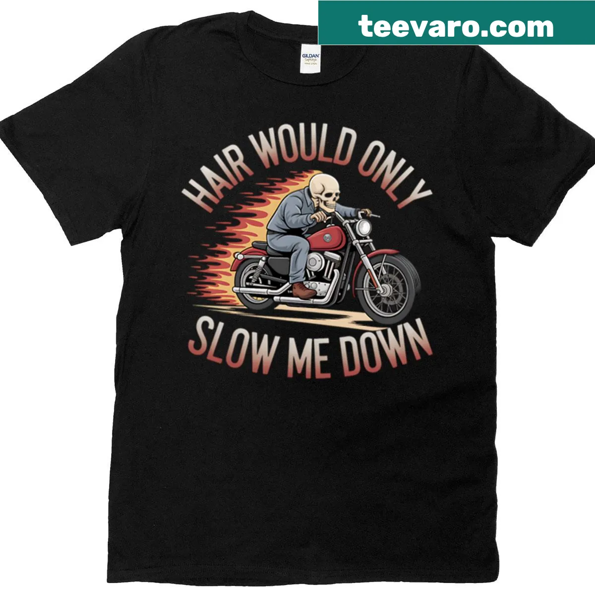 Funny graphic t-shirt featuring a skull on a motorcycle — on a men's t-shirt