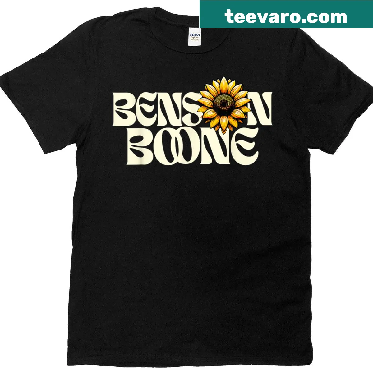 Retro t-shirt featuring sunflower and music-themed design — on a men's t-shirt