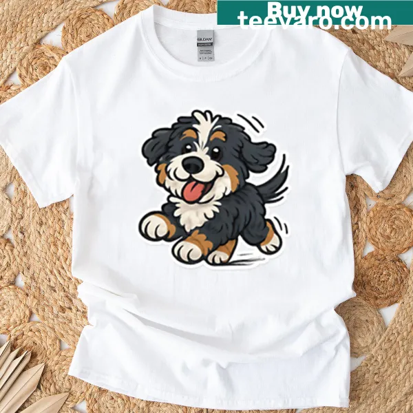 Oversized t-shirt with an animated Bernedoodle dog sticker