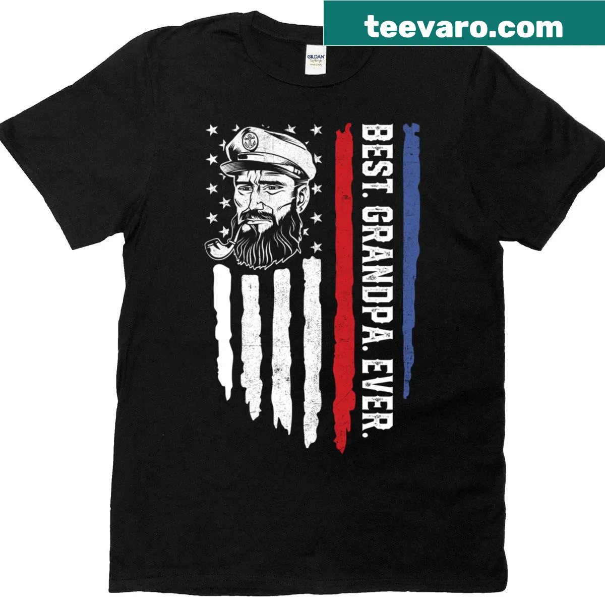 Patriotic t-shirt for grandpas with American flag and pontoon boat design — on a men's t-shirt