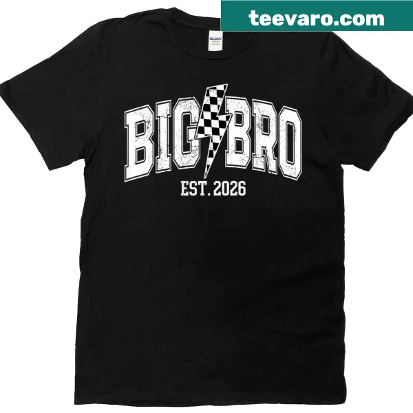 T-shirt announcing Big Bro Est 2026 with lightning bolt graphic