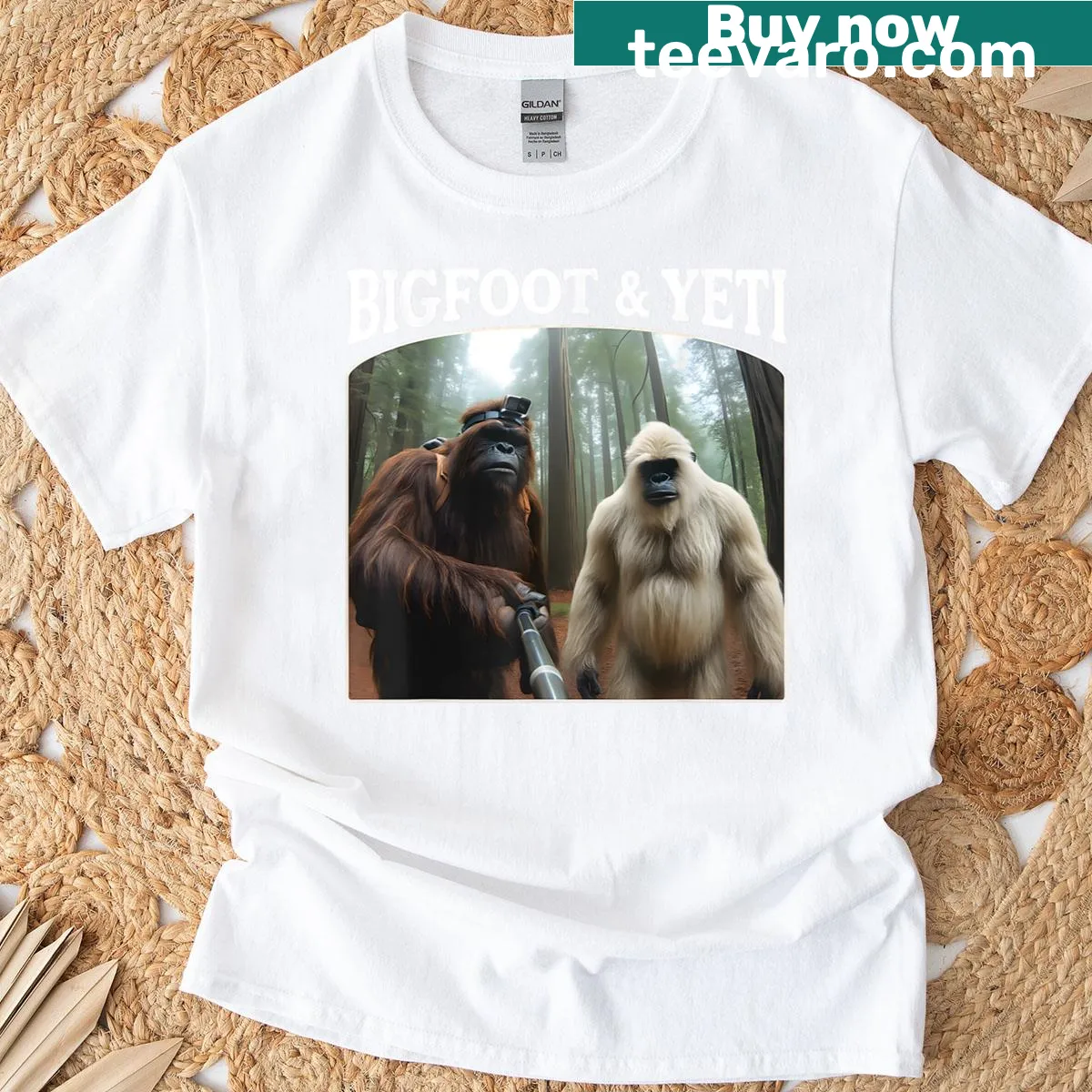 Funny Sasquatch t-shirt featuring Bigfoot with a camera illustration — on a men's t-shirt
