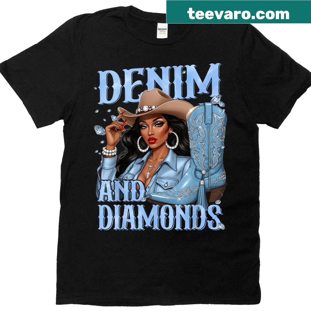 Illustrative Black cowgirl t-shirt featuring a stylish cowgirl in denim — on a men's t-shirt