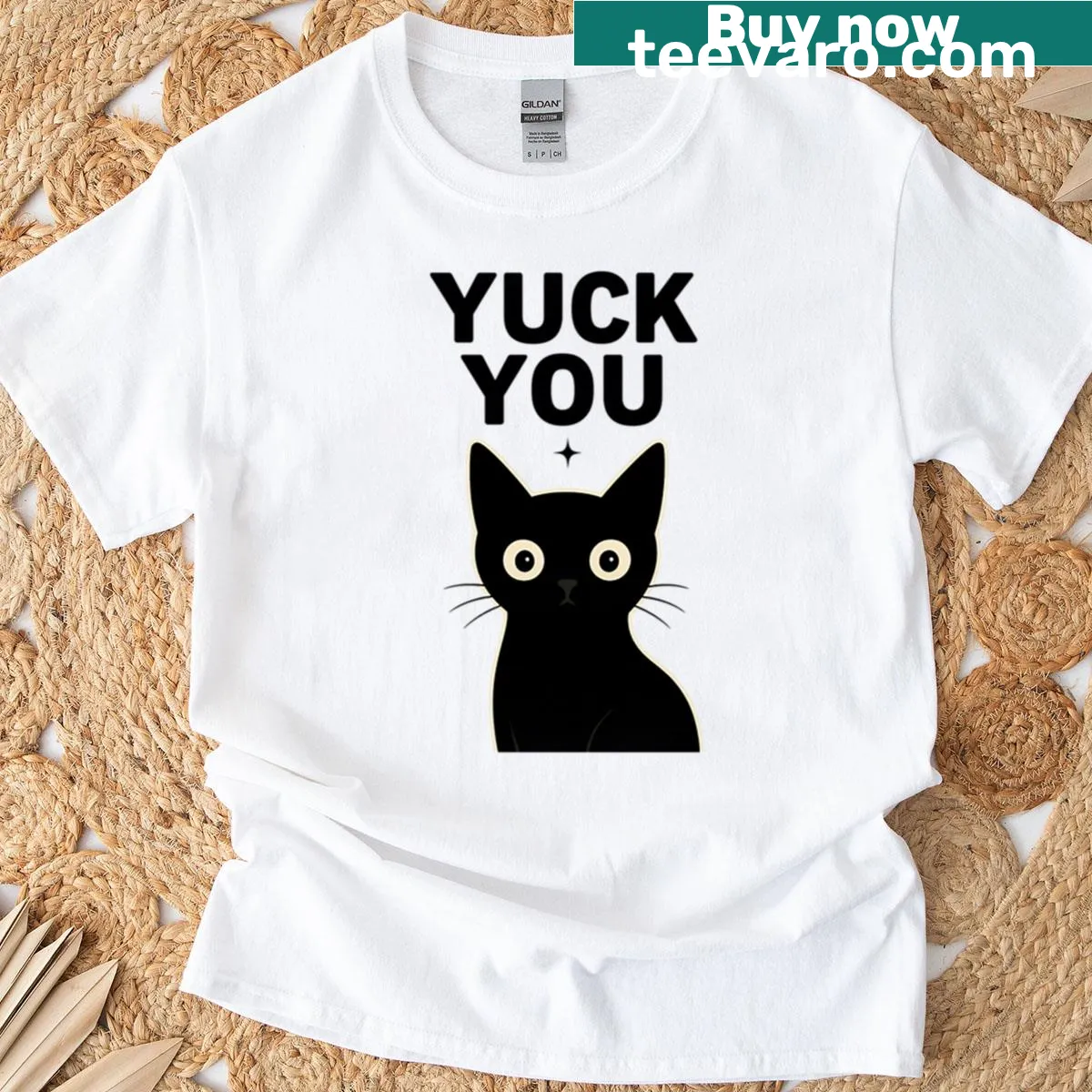 Sarcastic black cat graphic with 'Yuck You' text on oversized t-shirt — on a men's t-shirt