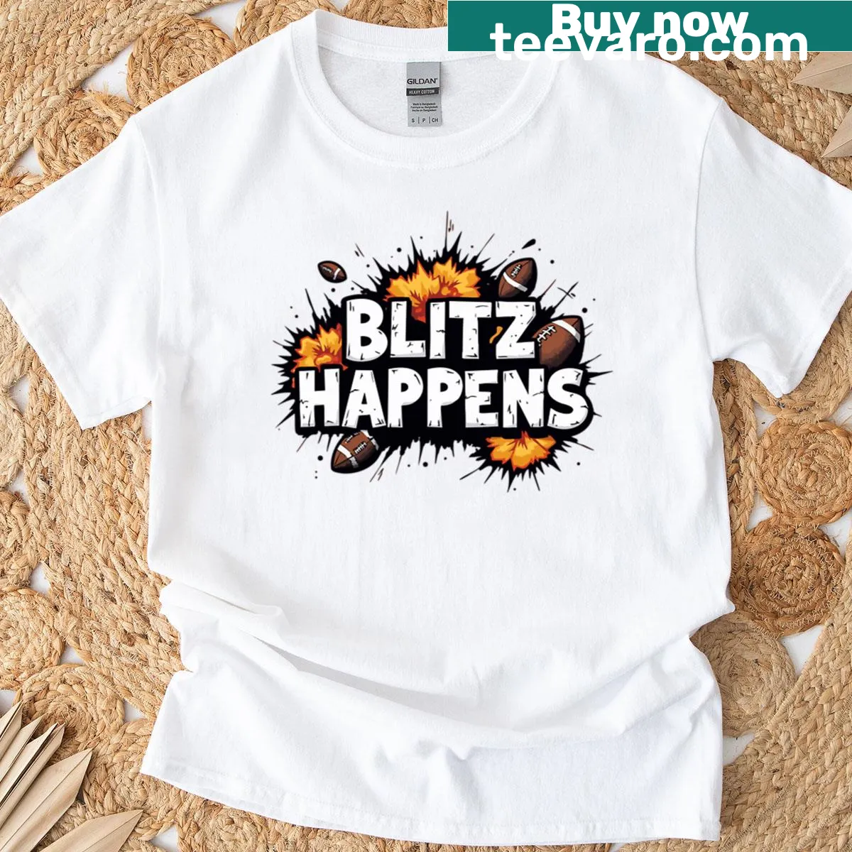 Funny football-themed t-shirt with 'Blitz Happens' typography — on a men's t-shirt