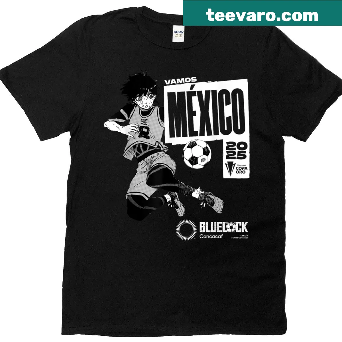 Soccer graphic celebrating Blue Lock and Concacaf on t-shirt — on a men's t-shirt