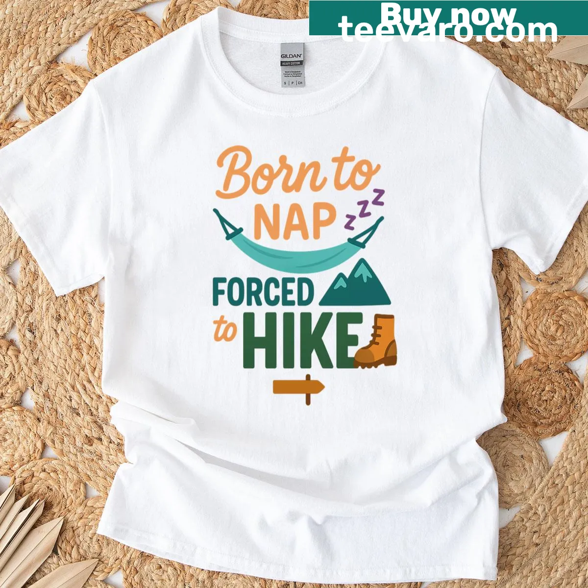 Funny camping life T-shirt with 'Born To Nap, Forced To Hike' text. — on a men's t-shirt