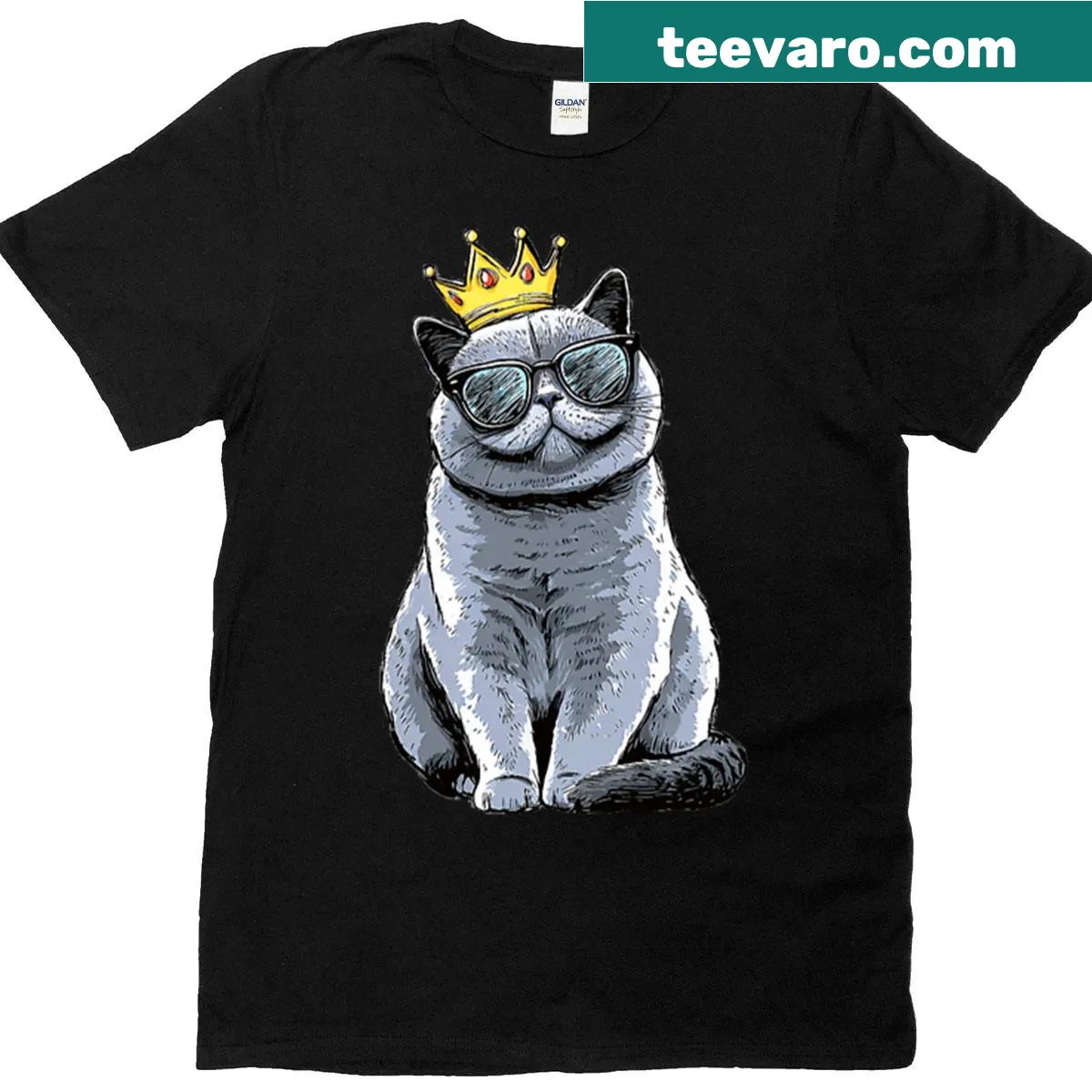 Illustration of a British cat with sunglasses and crown — on a men's t-shirt