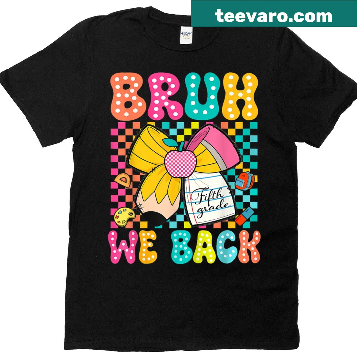 Fifth grade back-to-school t-shirt with pencil and bow graphics — on a men's t-shirt