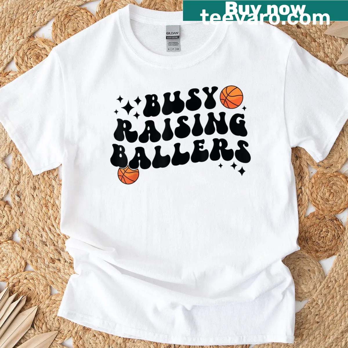 T-shirt for basketball moms saying 'Busy Raising Ballers' — on a men's t-shirt